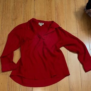 Women's Red Collared V-Neck Blouse - Lightweight Long Sleeve